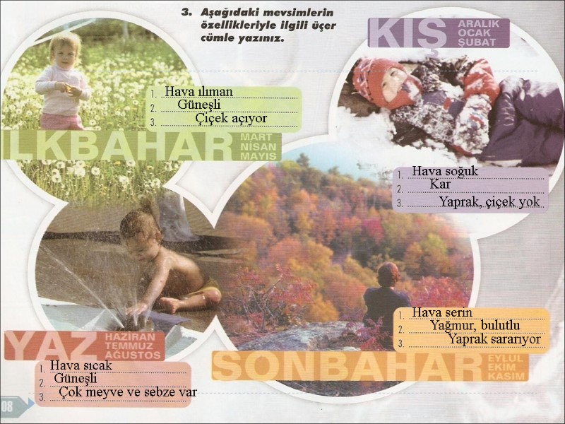 Hava ılıman Hava sıcak Hava soğuk Hava serin Güneşli Güneşli Kar Çiçek açıyor Çok